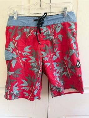 Volcom Kid’s Red Tropical Board Shorts with Blue Waistband